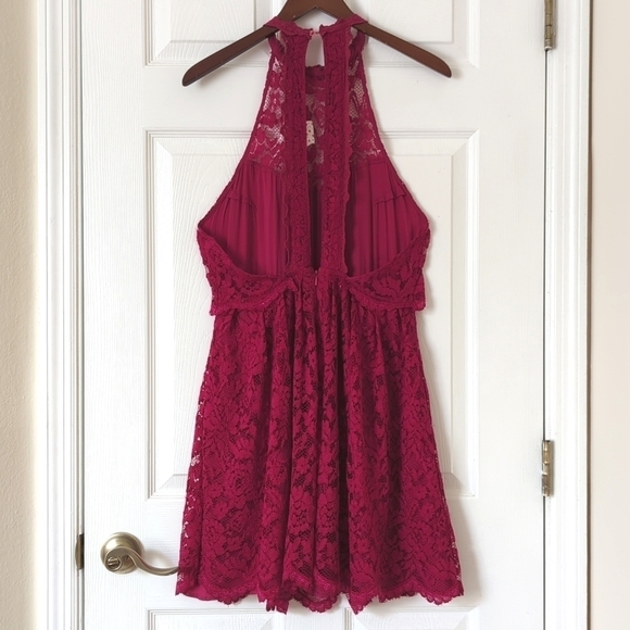 Free People Lost In A Dream Lace Halter Split Back Twofer Mini Dress Magenta 6 - Picture 11 of 15